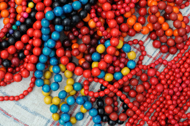 close-up of traditional colorful ukrainian wooden beads